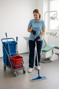 Eine Reinigungskraft säubert den Boden einer modernen Zahnarztpraxis mit einem Flachmopp. Im Hintergrund sind ein Behandlungsstuhl, ein Reinigungswagen und medizinisches Equipment sichtbar. professioneller Reinigungsservice für medizinische Einrichtungen.
